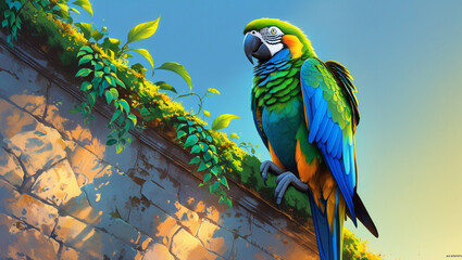 
A parrot with blue yellow and green feathers perches on a wall with ivy...