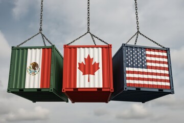 International trade symbols with shipping containers displaying national flags of Canada, the United States, and Mexico against a cloudy sky background
