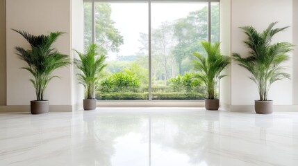 Fototapeta premium Palm Plants near Window Minimalist Bright Lighting Wide Shot Gray Pots Peaceful Setting Bright Sunlight Clean Modern Design Ideal for Interior Design Blogs