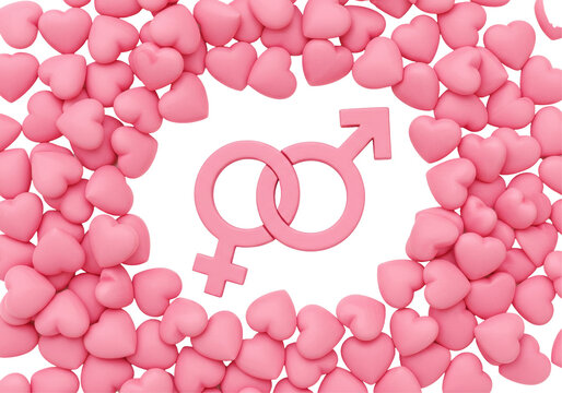 Isolated Intertwined Male and Female Symbols Surrounded by Hearts
