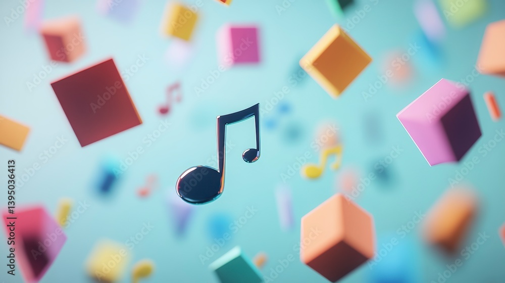 Aufkleber Abstract 3D rendering of a music note among colorful floating cubes.