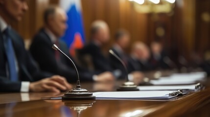 Obraz premium The Russian cabinet members are seated at a table with microphones and documents in front of them. Russian dignitaries sit at their desks during an official meeting. Press conference