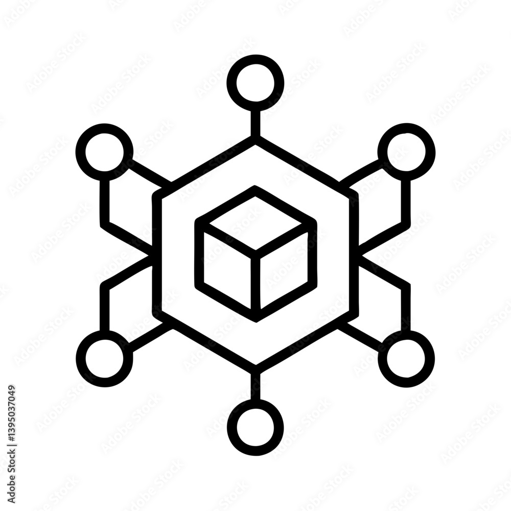 Poster decentralized network blockchain technology icon for cryptocurrency and data sharing