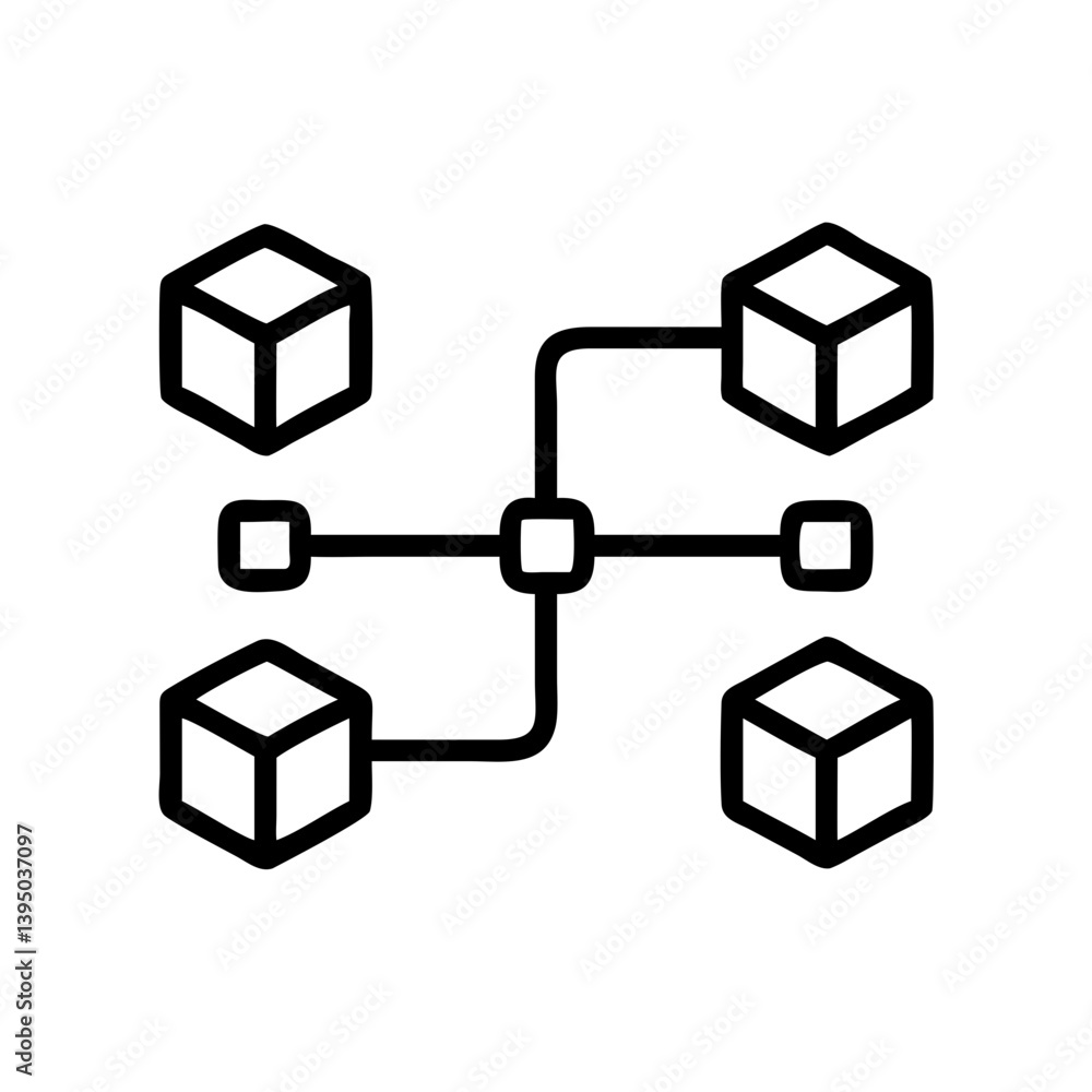Poster decentralized network diagram with connected cubes and nodes for blockchain tech