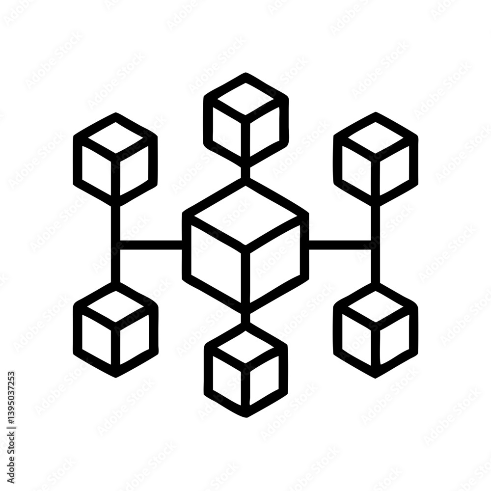 Poster network diagram with cube nodes representing a blockchain or data structure model