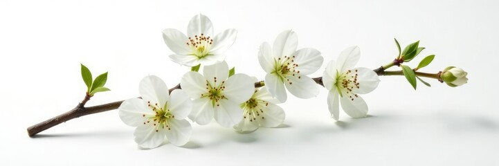 Single branch with delicate leaves and flowers isolated on white background, organic, natural, texture