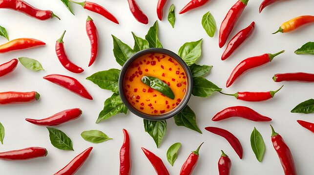 A geometric chili design with peppers displayed in concentric circles around a dipping sauce  - Powered by Adobe