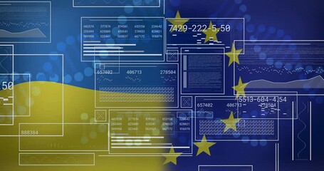 Animation of digital data overlaying Ukraine and EU flags with stars in school - Powered by Adobe