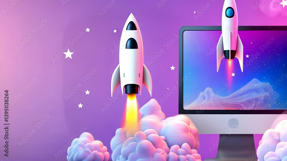 Poster rocket ship launching from a clouds, monitor into the for symbolizing a successful startup and busin