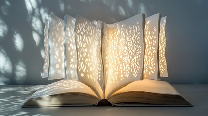 A glowing book emitting soft light and intricate shadow patterns 