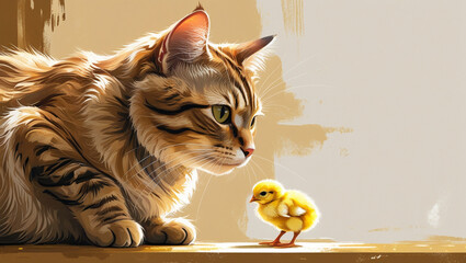 
A cat eyes a fluffy yellow chick, with its gaze fixed on the tiny bird. such as cat animal", and "kitten".