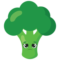 Sad broccoli character with cute eyes Green vegetable illustration ideal for healthy eating concepts, food blogs, nutrition education, and grocery-related content
