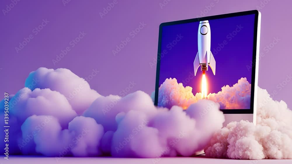 Poster rocket ship launching from the computer monitor into space clouds, symbolizing a successful startup 