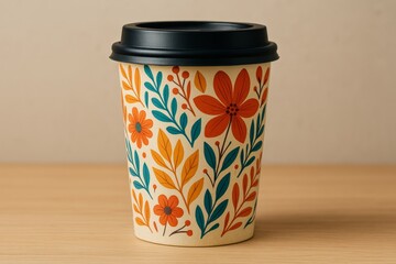 Colorful Floral Coffee Cup with Leaves Design on Eco-Friendly Paper Container for Stylish Beverages in Cozy Settings
