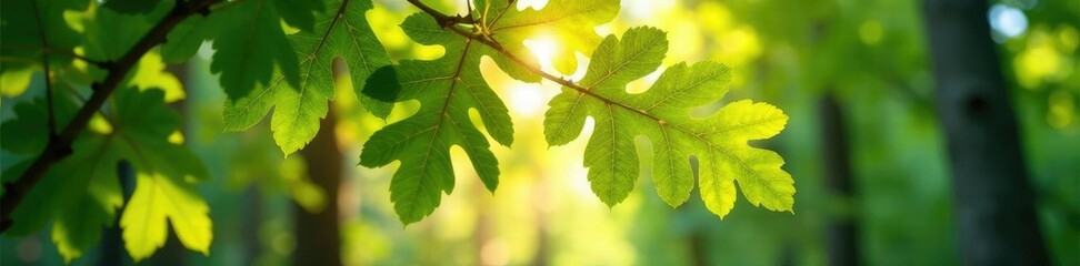 Small oak with large leaves in the sunlight filtering through the canopy, forest, leaves, light