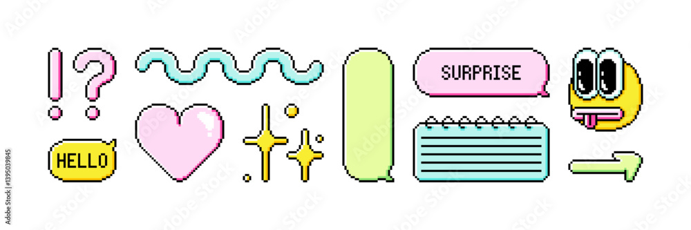 Poster set of pixel art dialogue box and retro game style stickers. speech bubbles in the mood of 90's aest