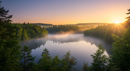 Fototapeta premium Lake at Sunrise with Fog and Forest Scenery