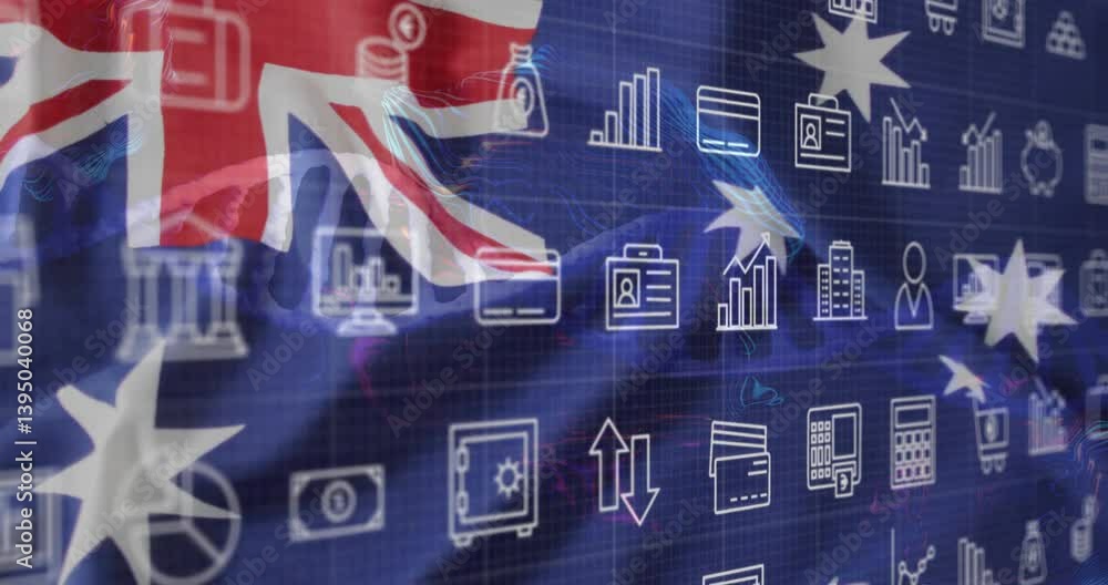 Poster australian flag with animation of digital icons for technology and data analytics