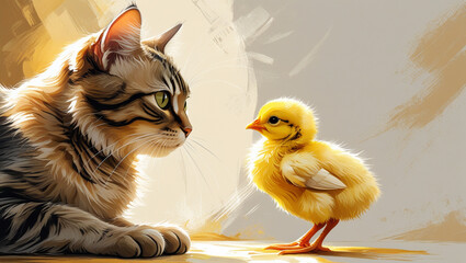 
A digital painting features a cat intently gazing at a fluffy chick.
