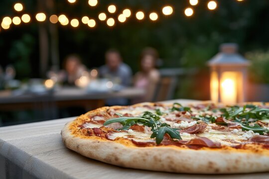 A beautifully crafted pizza featuring prosciutto and arugula sits in the foreground, enhancing the warm and inviting ambiance of the gathering under twinkling lights.
