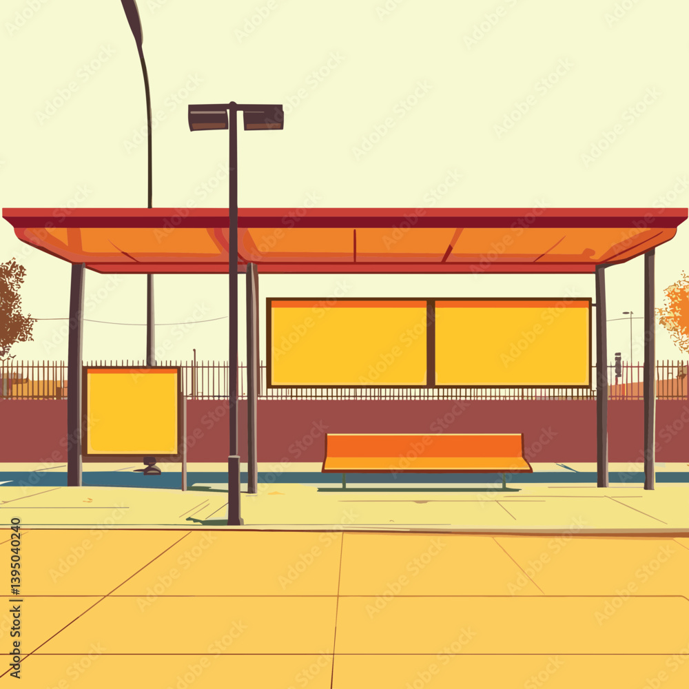 Poster empty bus stop with orange bench and billboards