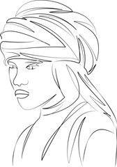One continuous line art drawing flat illustration person, woman, muslim, portrait, adult, beautiful, islam. Isolated image hand draw outline on white background