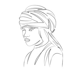 One continuous line art drawing flat illustration person, woman, muslim, portrait, adult, beautiful, islam. Isolated image hand draw outline on white background