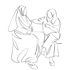 One continuous line art drawing flat illustration islam, woman, sitting, female, muslim, talking, two people. Isolated image hand draw outline on white background