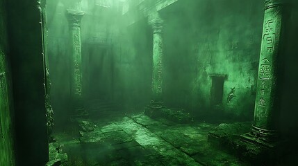 Obraz premium An eerie, sun-drenched, ancient ruin shrouded in a mystical green mist.