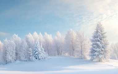 Fototapeta premium Snowy field with trees and a clear blue sky
