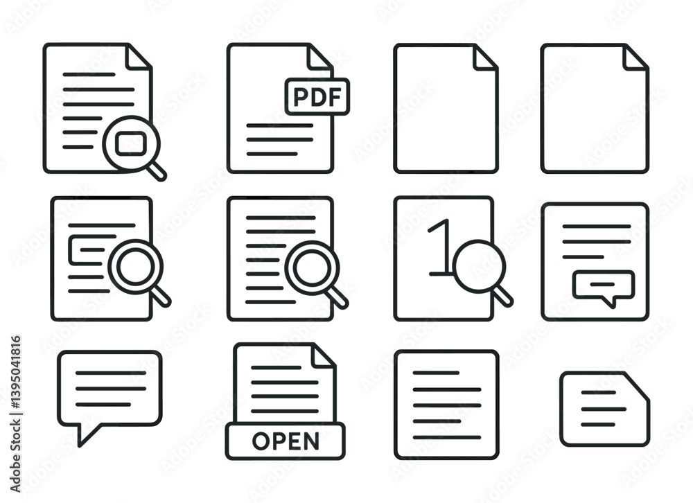 Poster document and file management icon set: linear style for web and apps