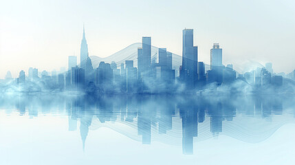 Fototapeta premium Blue and White Urban Skyline Illustration with Technology Waves, Symbolizing Business Progress and Innovation