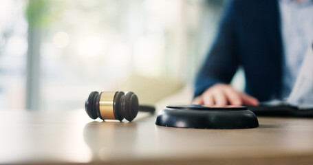 Hammer, man and judge for law in courtroom for attention, maintain order and authority of decision....