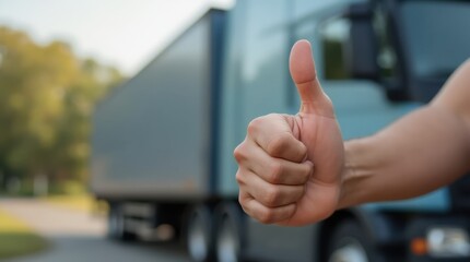 delivery driver giving thumbs up next to fully loaded truck