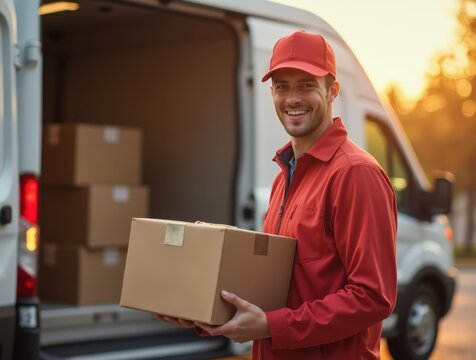 Smiling delivery man in bright red uniform loading packages into modern truck
