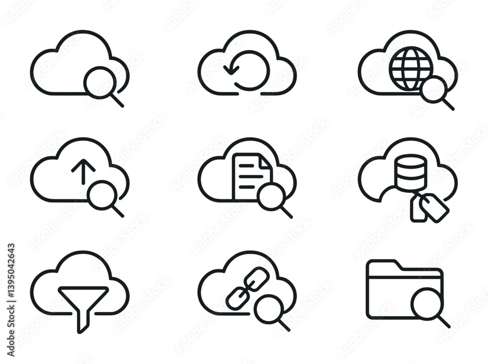 Poster linear cloud computing icons set: data, sync, and storage symbols for digital solutions