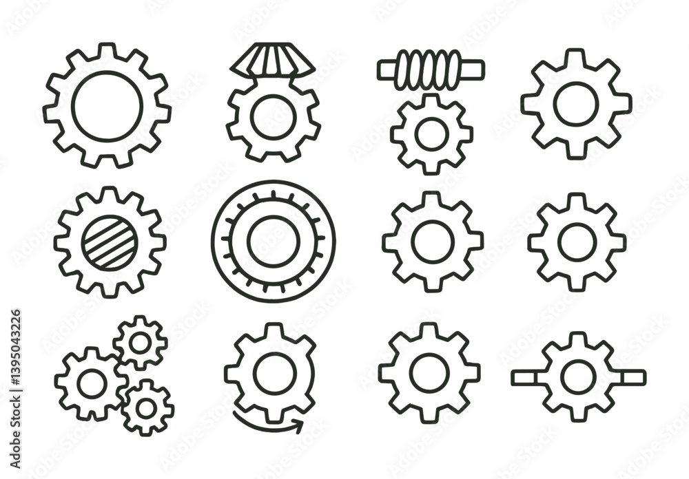 Poster mechanical gear icons set: precision engineering and mechanics in linear style