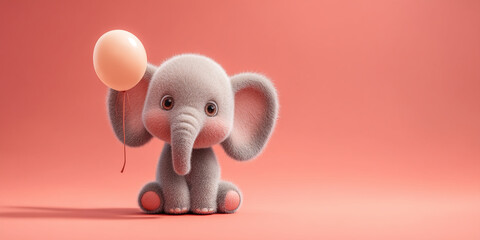 Cute furry baby elephant sitting, holding pale orange balloon against coral background Free space for text Mockup