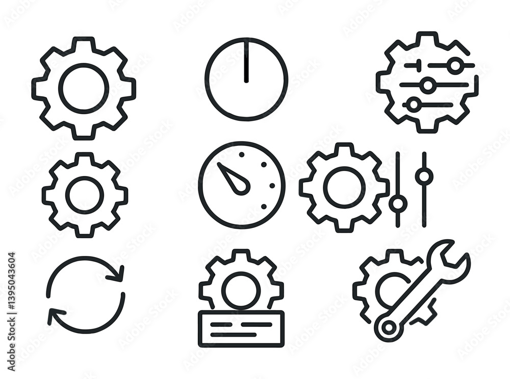 Poster settings and configuration icons set: linear style gears, tools, and gauges for interfaces
