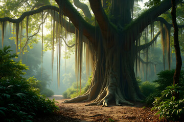 Enchanting view of a majestic giant banyan tree, with its sprawling roots and hanging aerial roots creating a mystical ambiance in lush greenery forest path