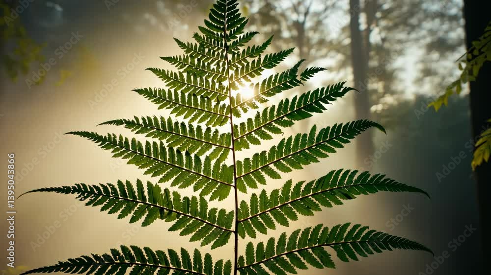 Poster sunlight filters through a fern in a misty forest setting during early morning hours