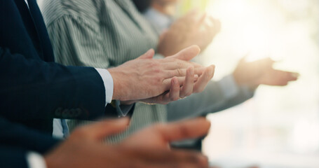 Applause, celebration and business people in office with goal, achievement or success....