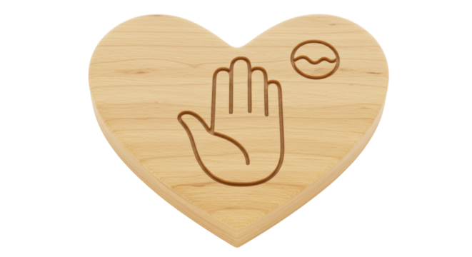 Isolated Wooden Heart with Hand and Wave Symbol