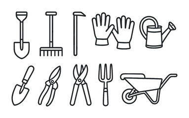 Gardening essentials icon set: linear style tools for horticulture enthusiasts