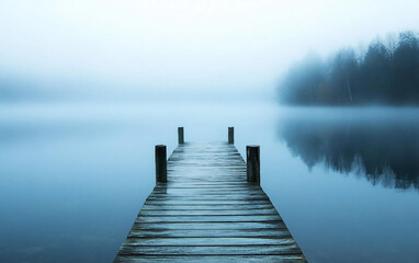 Naklejka premium Foggy lake with a wooden pier in the middle