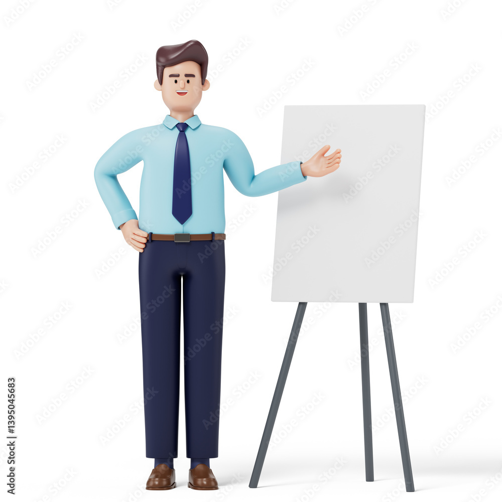 Poster a man stands with a blank white canvas, symbolizing the preparation for a presentation or the introd