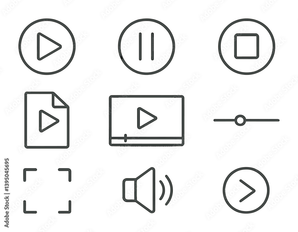 Poster minimalistic linear media control icons set for audio and video interfaces