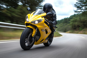 A yellow motorcycle speeding along a scenic road, capturing the essence of adventure and freedom.