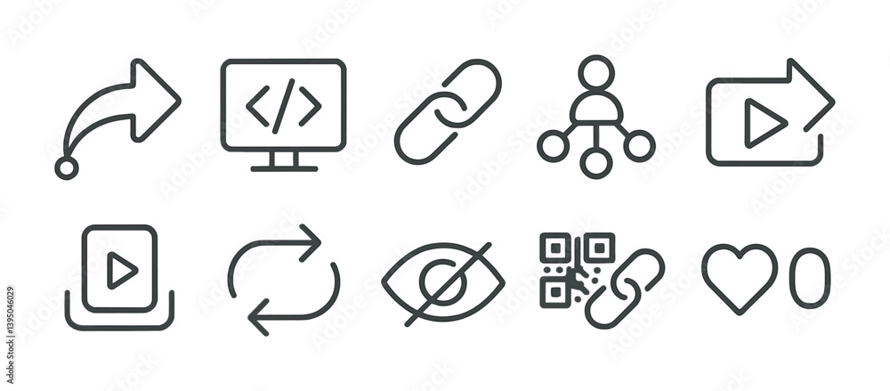 Poster set of linear web icons: navigation, coding, sharing, and media
