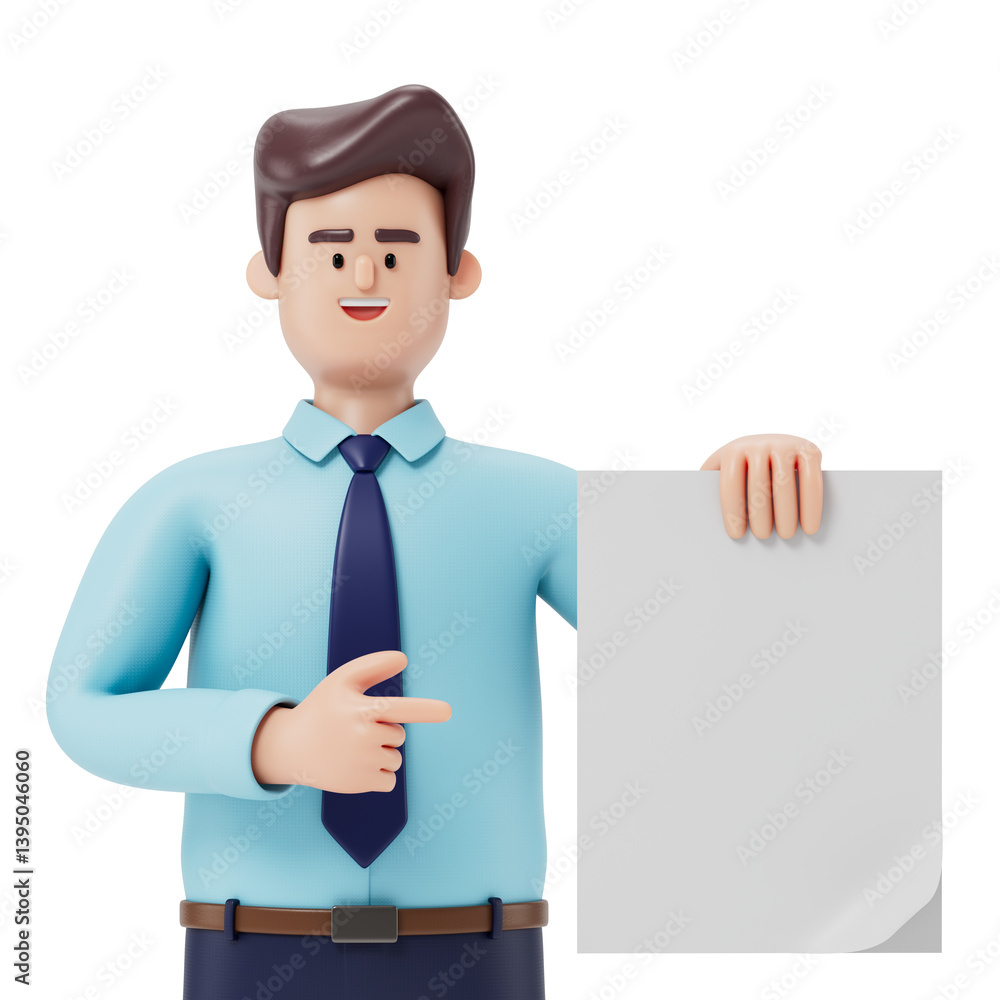 Poster man in business attire holds a blank paper, symbolizing the presentation of information or an open i